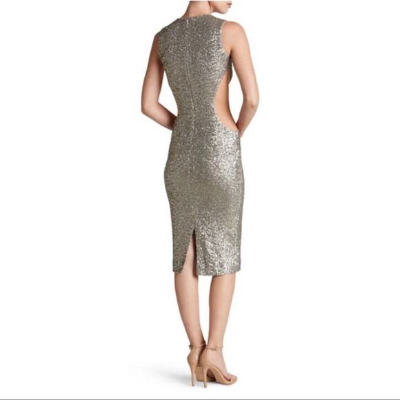 New Dress the Population Ryan Sequin Platinum Gunmetal Mesh Insert Midi Dress M - Picture 10 of 11